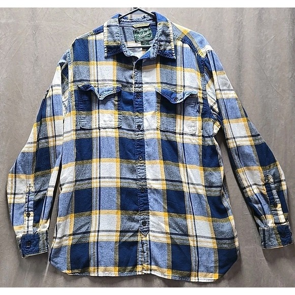 Woolrich Mens Size Large Flannel Shirt‎ Blue Yellow White Plaid Overshirt - Picture 1 of 7